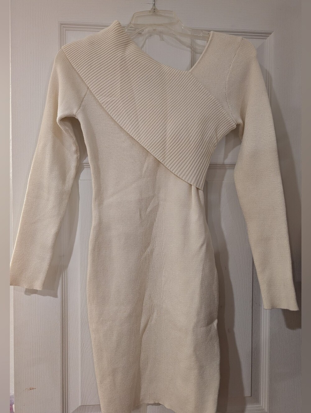 Illusory Cream Asymmetrical Rib-Detail Sweater Dress